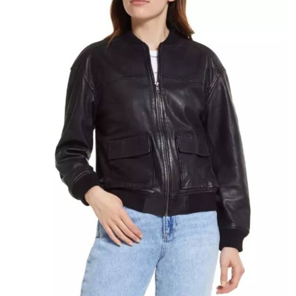 NEW Treasure & Bond Crop Leather Bomber Jacket in Black Size 1X #2105